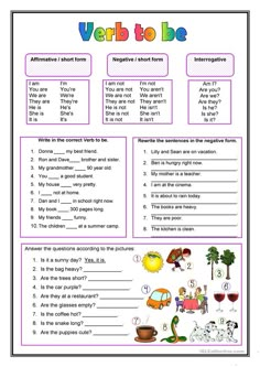 the verb to be worksheet is shown with words and pictures for each subject