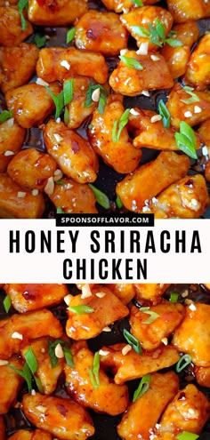 Image showing honey sriracha chicken in a nonstick pan. Honey Sriracha Chicken Bites, Honey Sriracha Chicken Tacos, Sticky Honey Sriracha Chicken, Honey Sriracha Ground Chicken, Asian Seasoning Chicken, Pineapple Sriracha Chicken, Crockpot Honey Siracha Chicken, Sriracha Honey Sauce, Garlic Sriracha Chicken