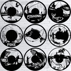 black and white images of different types of fishing emblems on a brick wall background