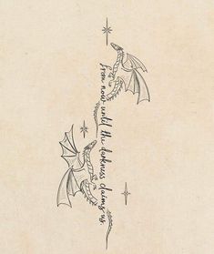 an ink drawing of two dragon flying in the sky with words written below them on parchment paper