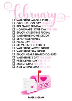 a valentine's day calendar with pink lettering