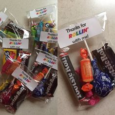 two bags filled with candy sitting on top of a counter next to eachother