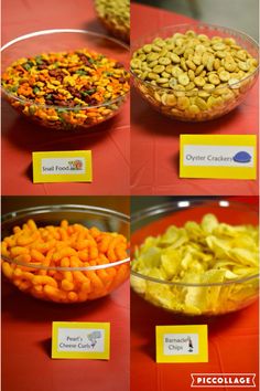 there are many different types of food in bowls on the table with name tags attached to them