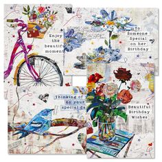 a collage with flowers, birds and bicycles on it's sides is shown