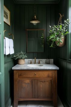 a bathroom with dark green walls and marble counter top, wood cabinetry, brass fixtures and hanging plants