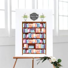 an easel with bookshelves and flowers on it