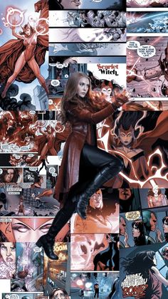 an image of a woman in red and black with her hands on her hips, surrounded by comic panels