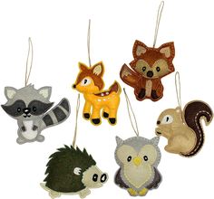 six felt animal ornaments hanging from strings on a white background with the number 6 ornament's