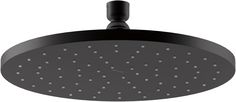 an overhead shower head with rain drops on the side and black finish to it's surface