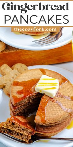 there is a plate with some pancakes on it and the words gingerbread pancakes above it