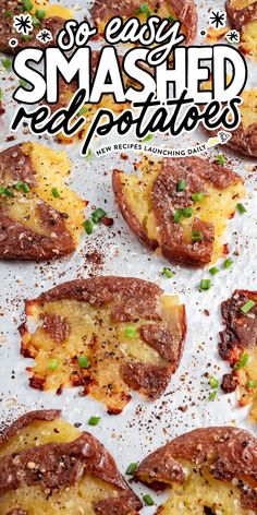 baked potato halves on a baking sheet with text overlay that reads so easy smashed potatoes