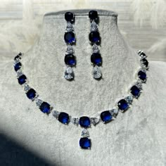 Handmade Style: Necklace and Earrings Set Material: Platinum Plated, Lab Simulated Sapphire and White Sapphire Stones Imported Size: Earrings measure 2.25 inches long. Please Note: This necklace and earrings are sold as a set. Item Number: 7025S Jewelery Organizer, Gown For Prom, Royalty Fashion, Sapphire Stones, Big Necklace, Gold Jewelry Sets, Ear Ring, Dope Jewelry, Necklace And Earrings Set