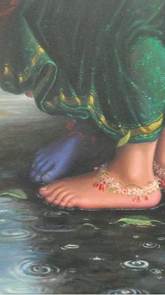 a painting of a woman's feet in the water with jewelry around her ankles