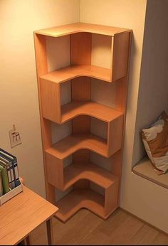 a corner shelf in the corner of a room