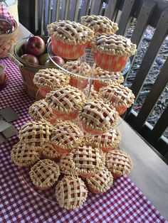 a table topped with lots of pies and cupcakes on top of a checkered table cloth