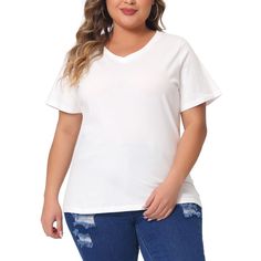 Introducing this Women's Plus Size V-Neck T-Shirt, the perfect addition to any wardrobe. This loose and casual tee is ideal for everyday wear, whether you're running errands or lounging at home. The short sleeves and v-neckline offer a comfortable and flattering fit, while the plain design makes it easy to pair with tunics or tops to wear with leggings. Available in classic colors like white and black, as well as trendy options like hot pink and green, this t-shirt is a versatile piece that can White V-neck T-shirt For Everyday, Cheap Solid Color V-neck T-shirt, Solid V-neck Plain T-shirt, White V-neck T-shirt, Solid Color Cotton V-neck T-shirt, White Solid Color V-neck T-shirt, White V-neck Solid Color T-shirt, Plain Tshirt, Hem Style