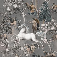 an artistic wallpaper with horses, angels and other animals in grey colors on a gray background