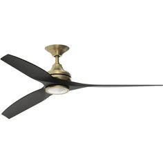 a ceiling fan that is gold and black