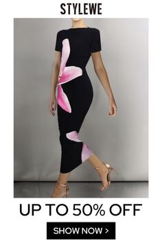 a woman in a black dress with pink flowers on it and the words stylewe up to 50 % off show now