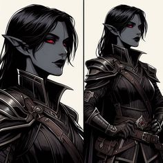 an image of a woman with red eyes and black hair wearing armor, standing next to each other