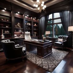 an elegant home office with dark wood and leather furniture