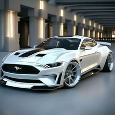 a white car with black stripes parked in a parking garage