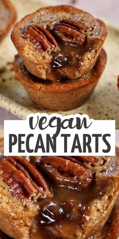 vegan pecan tarts are stacked on top of each other with chocolate drizzle