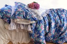 NEW! Austin Rose Bedding - True Blue - Linen Salvage Et Cie Blue And Pink Floral Bedding, Velvet Burnout Bedding, Blue And Purple Duvet Cover, Blue Paisley Duvet Cover, Floral Print Bedding, Vintage Stripes, Rose Bedding, Austin Rose, White Sheet