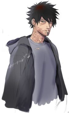 a drawing of a man with black hair wearing a gray t - shirt and jacket