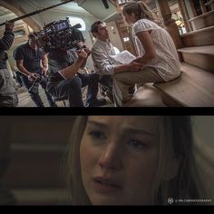 two different shots of people sitting on stairs and behind them is a cameraman filming the scene