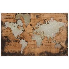 an old world map is displayed on a wooden board with white paint and brown paper