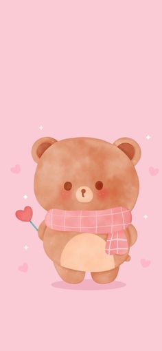 a brown teddy bear holding a pink heart on a pink background with hearts around it