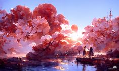 two people standing in front of a tree with pink flowers on it and the sun behind them