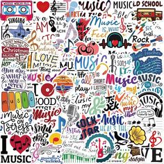 a large poster with many different types of music related items and words all over it