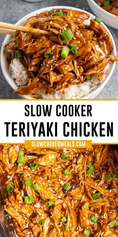 Close up of teriyaki chicken in a bowl over rice and garnished with green onions. Teriyaki Chicken Crock Pot, Slow Cooker Teriyaki Chicken, Slow Cooker Teriyaki, Chicken Teriyaki Recipe, Slow Cooker Dinner, Chicken Slow Cooker Recipes, Tasty Recipe