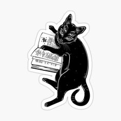 a black cat holding a stack of books sticker