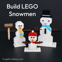 three lego snowmen are standing next to each other with the words build lego snowmen above them