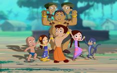 an animated image of people standing in front of a man and woman with the words chhota bheem