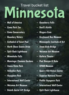 the minnesota travel bucket list is shown in green and black, with an image of a waterfall