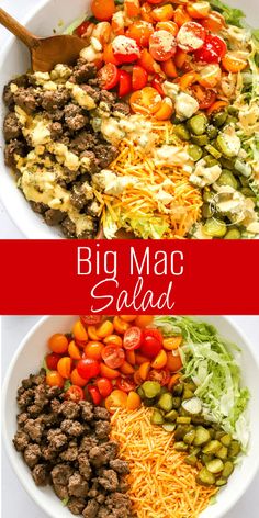 two bowls filled with different types of salads and the words, big mac salad