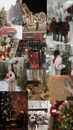 a collage of photos with people and christmas trees