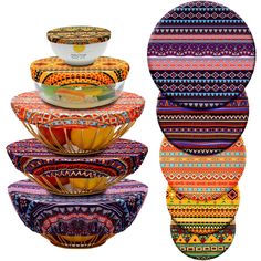 four bowls are stacked on top of each other in different colors and patterns, with the lids down