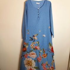 Tendency Floral Layered Caftan Kimono. Side Seam Pockets Size L. Flat Lay Approximate Measurements Armpit To Armpit 21.5" Length Top To Bottom 50" New With Tag Spring Blue Floral Print Kurta, Casual Blue Floral Print Tunic, Light Blue Long Sleeve Summer Kurta, Spring Casual Long Kurta, Casual V-neck Kurta With Floral Print, Casual Long Kurta For Spring, Blue Floral Print Long Sleeve Kaftan, Blue Floral Print Cotton Kaftan, Blue Long Sleeve Kaftan With Floral Print