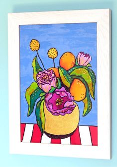 a painting of flowers and oranges in a vase