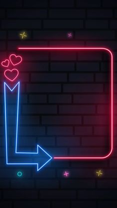 a neon frame with two hearts on it and an arrow pointing to the right side