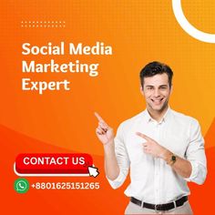 a man pointing to the right with an orange background that says social media marketing expert contact us