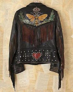 Hand Painted Leather Jacket, Sukienki Maksi, Tassel Shirt, Painted Leather Jacket, Mode Hippie, Mode Boho, Long Sleeve Outerwear, Hand Painted Leather, Painting Leather