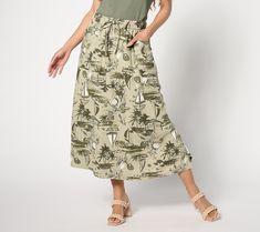 A summer essential for warm days and carefree style, this printed linen-blend midi skirt will be your go to for all the backyard barbecues, brunches, and block parties on the season's social calendar. From Denim & Co.® Fashions. Printed Summer Skirt For Day Out, Printed Green Skirt For Vacation, Green Printed Skirt For Vacation, Summer Day Out Printed Skirt, Cotton Midi Length Bottoms For Summer, Summer Bottoms With Pockets, Midi Length, Casual Printed Cotton Skirt, Casual Mini Skirt For Beach Season, Cotton Midi Bottoms For Vacation