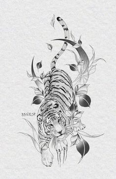 a black and white drawing of a tiger with leaves on it's back legs