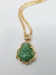 Jade green 24k gold filled Buddha pendant on gold filled chain necklace Tarnish resistant Pendant 17x22mm Necklace 18 inch Gold Jade Round Pendant Necklace, Gold Jade Necklace With Round Pendant, Gold Jade Round Necklace, Green Necklace With Gold Chain Gift, Green Necklaces With Gold Chain For Gifts, Gold Jade Pendant Necklace, Green Gold-plated Jewelry With Adjustable Chain, Green Gold Plated Necklace With Adjustable Chain, Gold Jade Necklace Gift